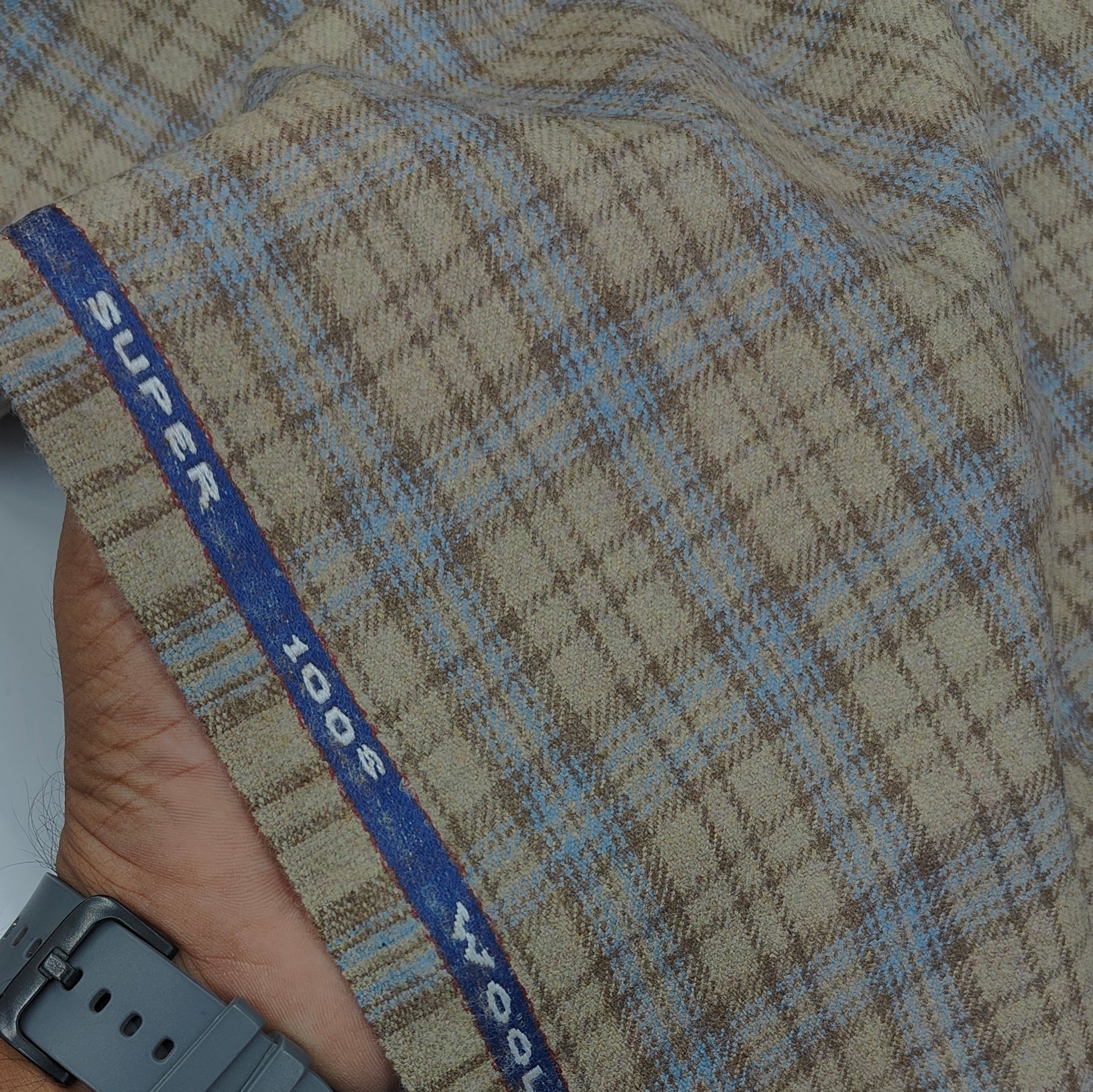 Raymond Super 100s count 100% Wool Tweed Windowpane Check Blazer Fabric Colour Earth Brown N Muted Blue